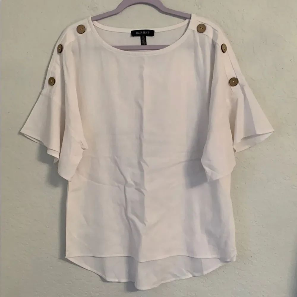 Ellen Tracy White Linen Blend Flutter Sleeve Blouse Size L